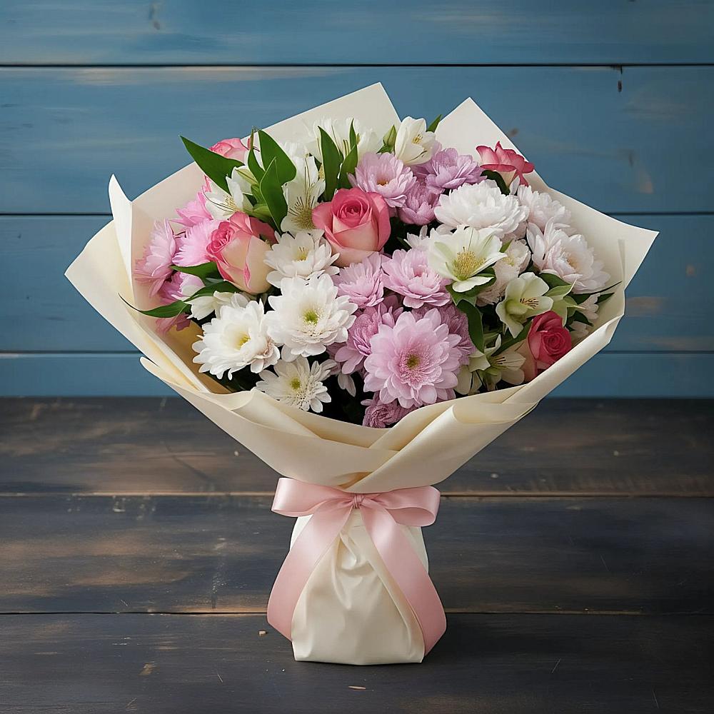 Букет цветов из: Хризантемы, Альстромерии и Розы в Супонево